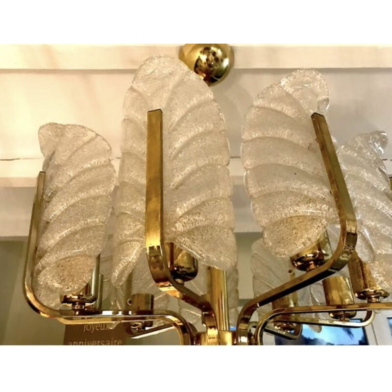 Vintage Carl Fagerlund chandelier by Orrefors with 9 Murano leaves 1960