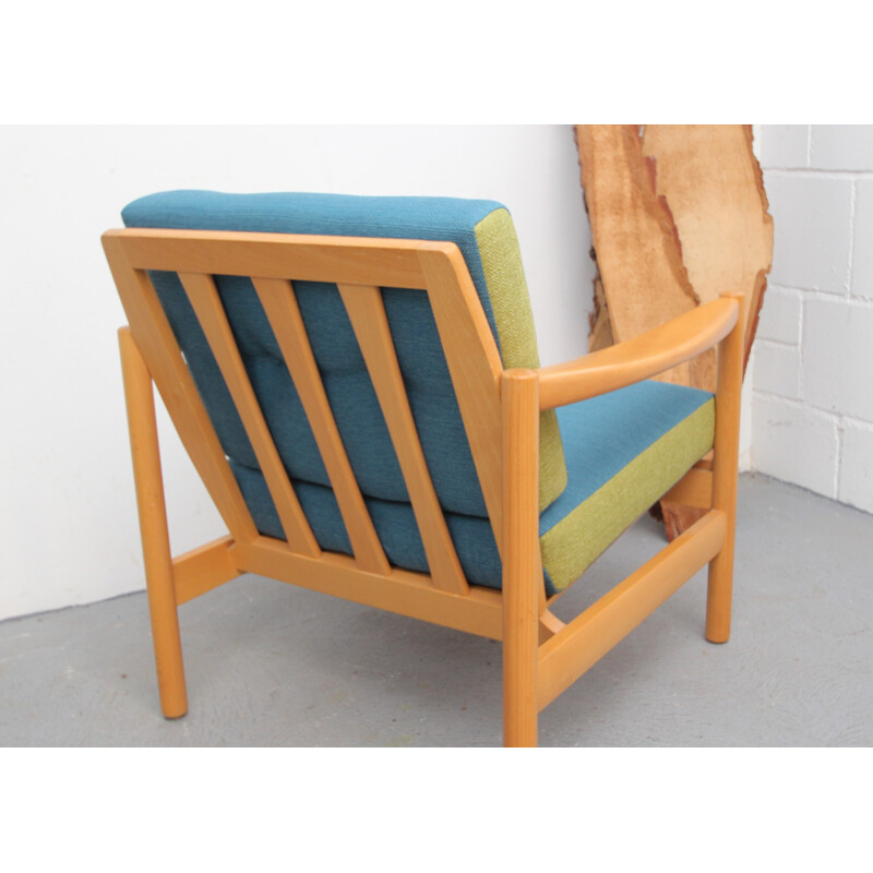 Vintage fauteuil in massief glanzend hout en blauwe en groene stof, 1960