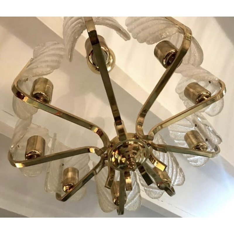 Vintage Carl Fagerlund chandelier by Orrefors with 9 Murano leaves 1960