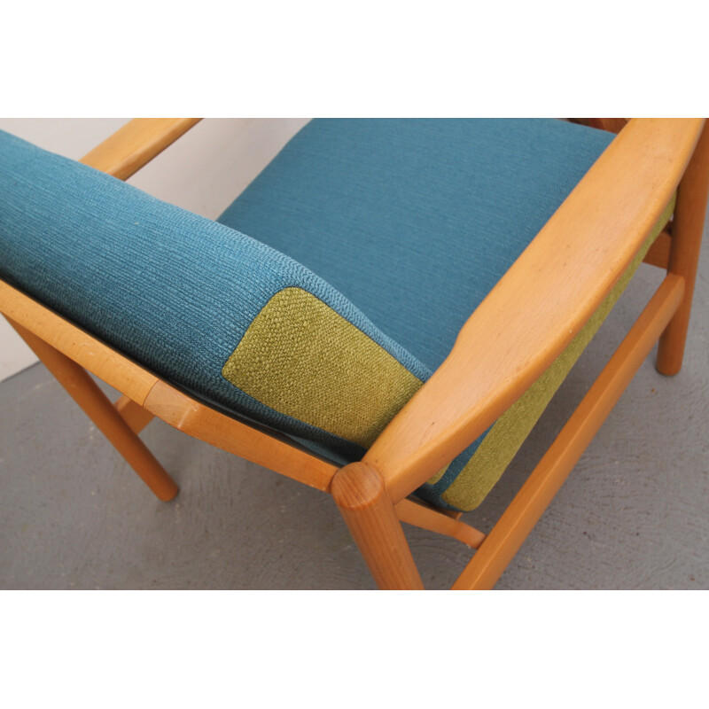 Vintage armchair in solid wood and blue and green fabric, 1960