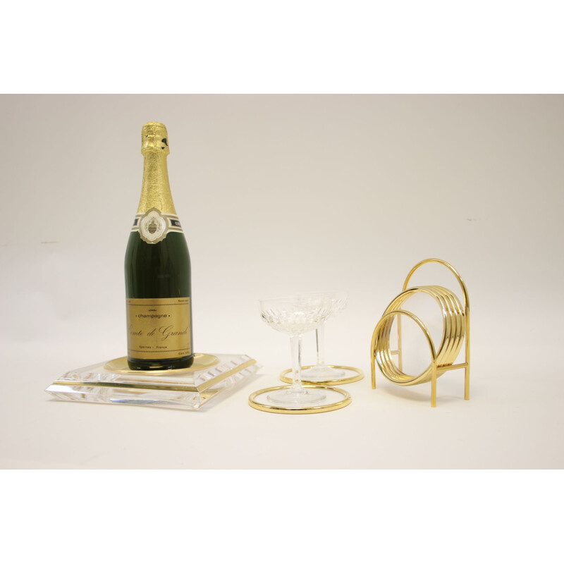 Vintage Plexiglass coasters and bottle holder with gold 1980s 