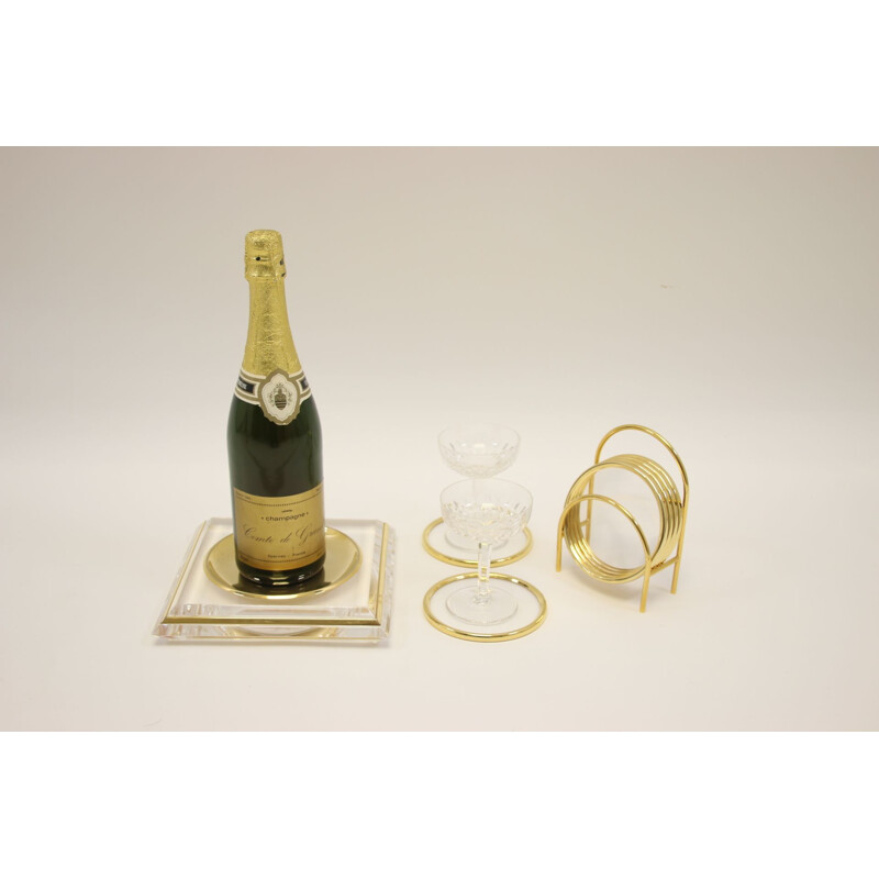 Vintage Plexiglass coasters and bottle holder with gold 1980s 