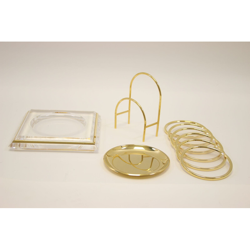Vintage Plexiglass coasters and bottle holder with gold 1980s 