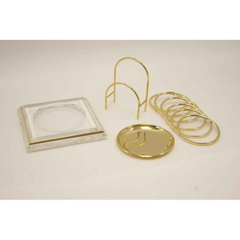 Vintage Plexiglass coasters and bottle holder with gold 1980s 