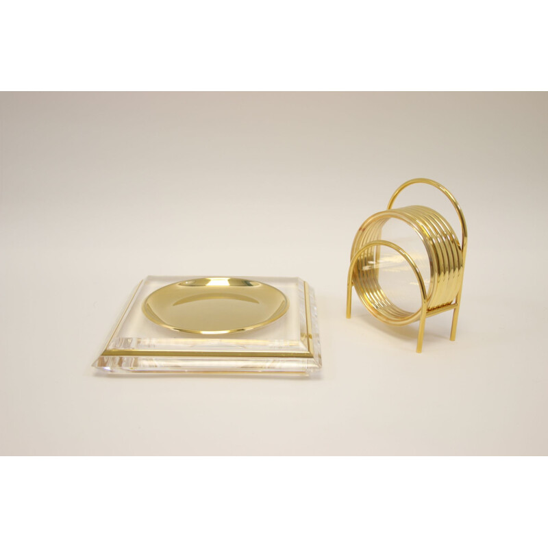 Vintage Plexiglass coasters and bottle holder with gold 1980s 
