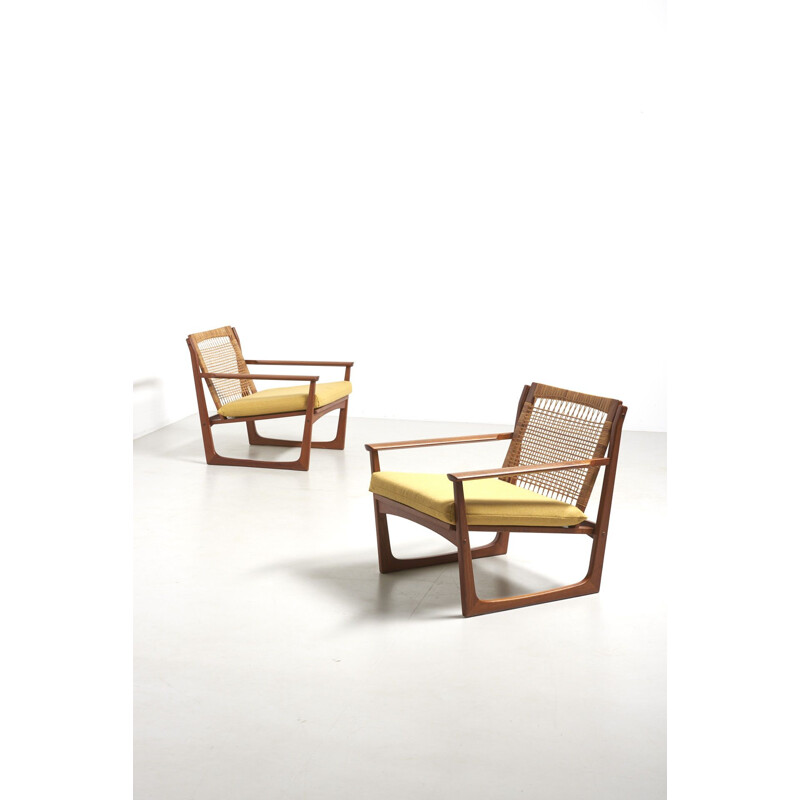 Pair of Vintage Easy Chairs with Rattan Back by Hans Olsen for Uul Kristensen 1958