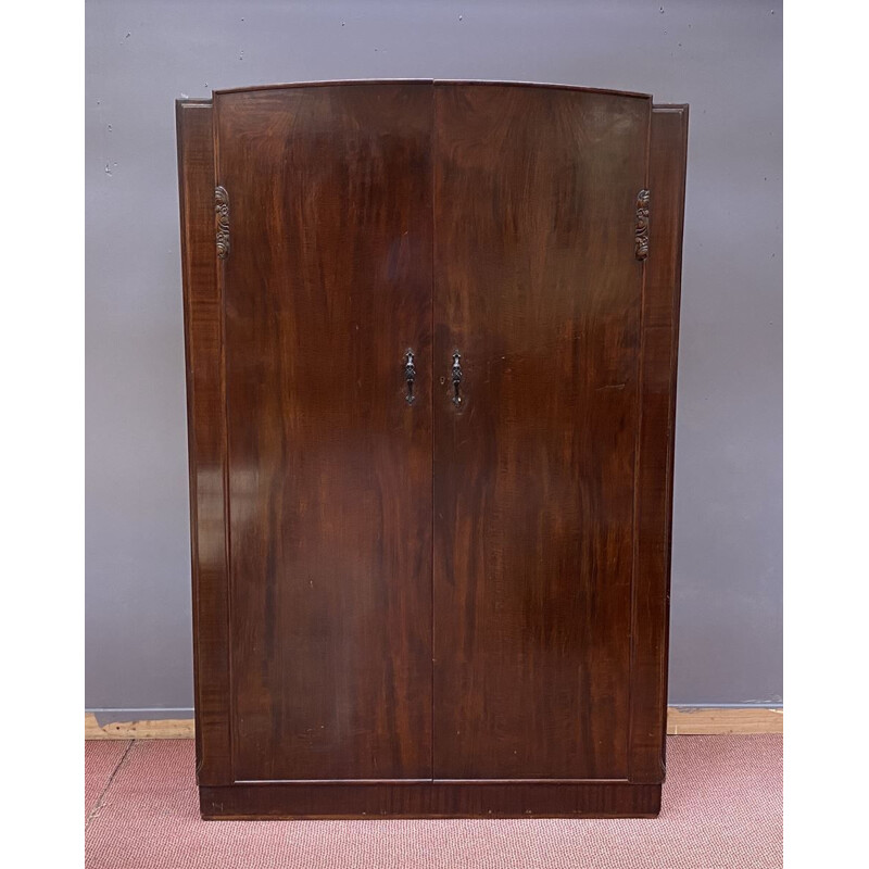 Vintage mahogany English Art Deco wardrobe 1930s