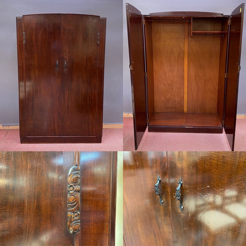 Vintage mahogany English Art Deco wardrobe 1930s