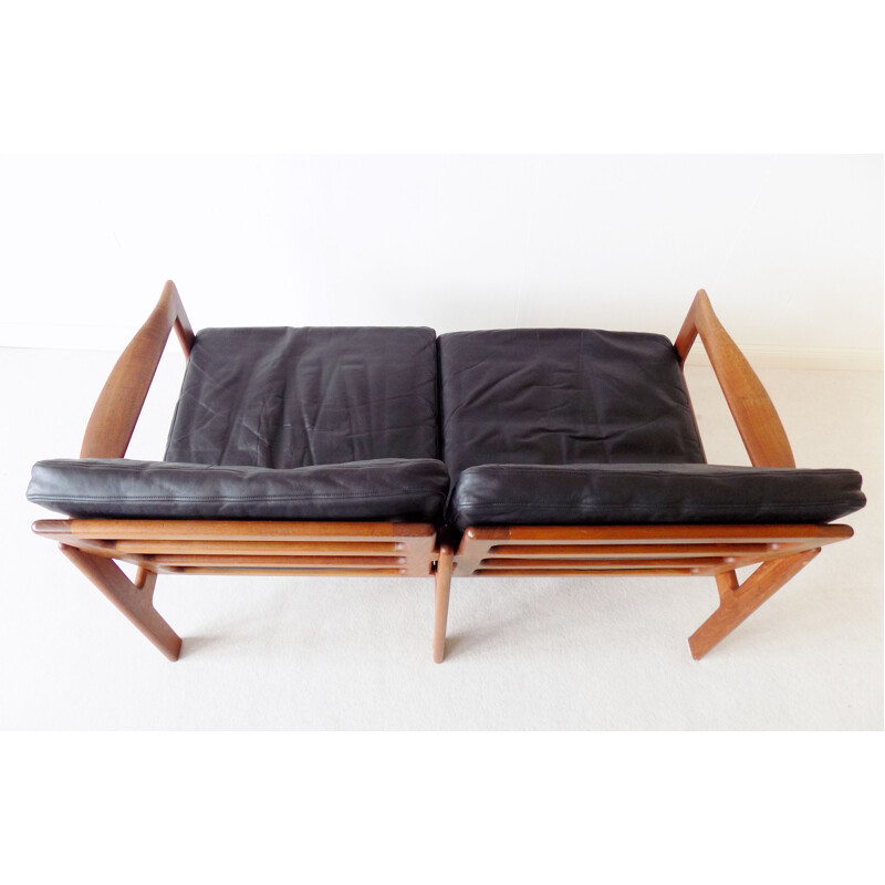 Vintage Teak 2 seater in black leather by Illum Wikkelso N.Eilersen Danish