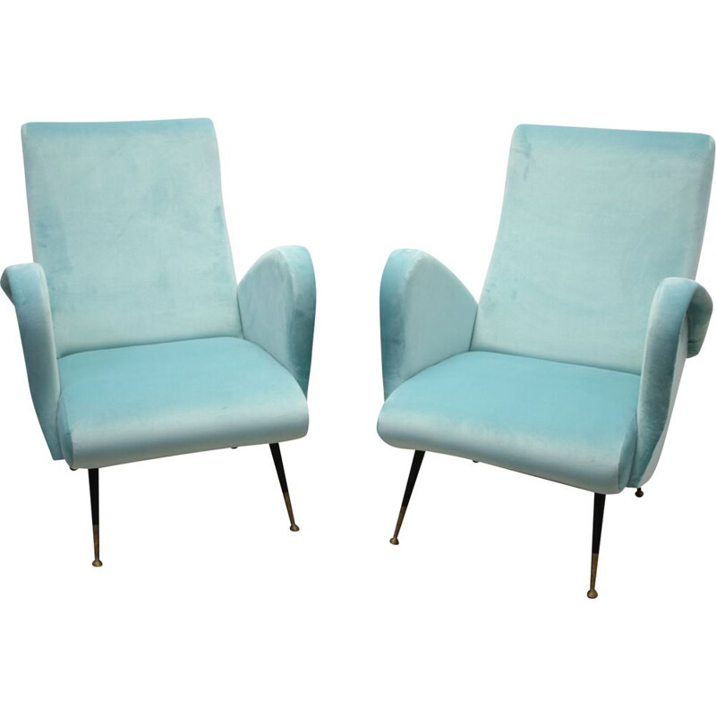 Pair of Vintage blue Armchairs in velvet 1950