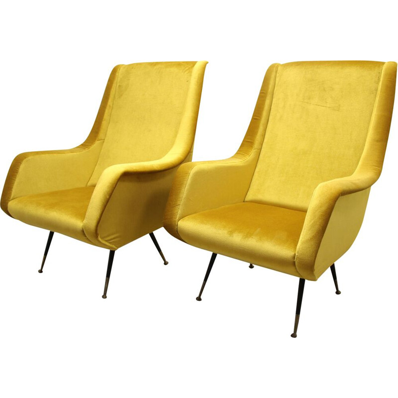 Paire de fauteuils lounges jaunes d'Aldo Morbelli pour l'ISA Bergame, 1950