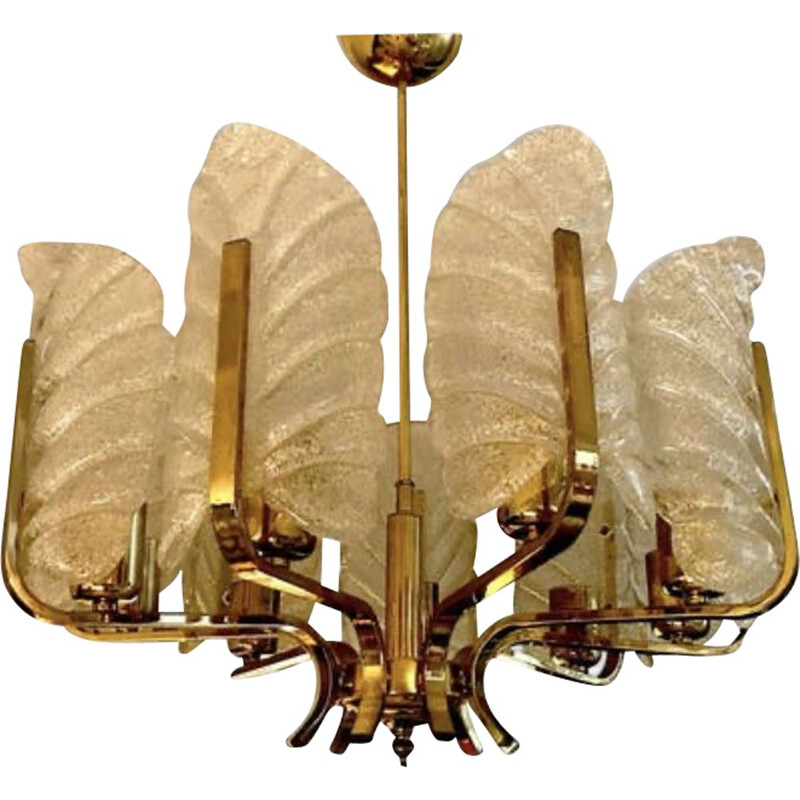 Vintage Carl Fagerlund chandelier by Orrefors with 9 Murano leaves 1960