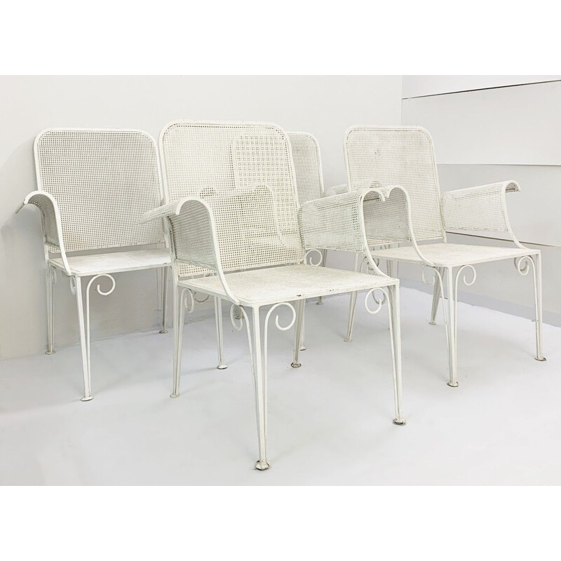 Suite of 4 vintage wrought iron garden armchairs painted 1950