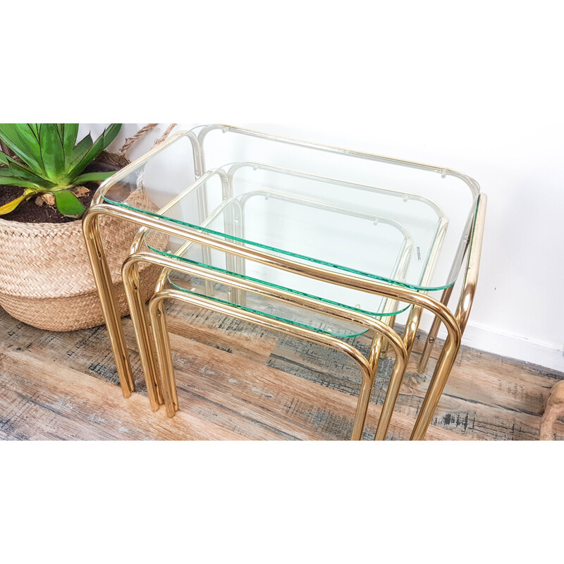 Set of 3 Vintage Art Deco style glass and brass nesting tables