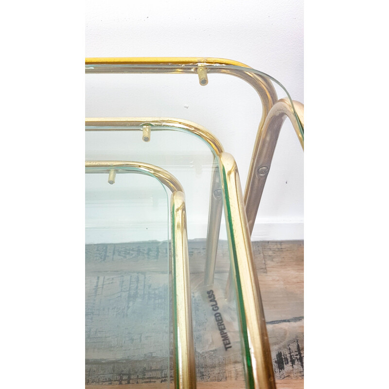 Set of 3 Vintage Art Deco style glass and brass nesting tables