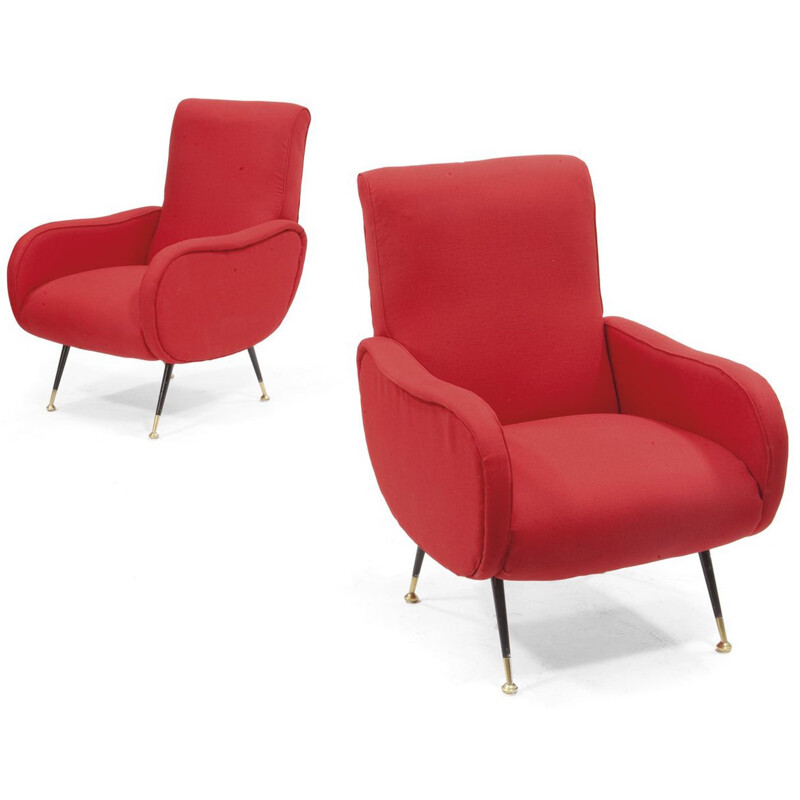 Paire de fauteuils rouges italiens en bois, métal et tissu - 1950