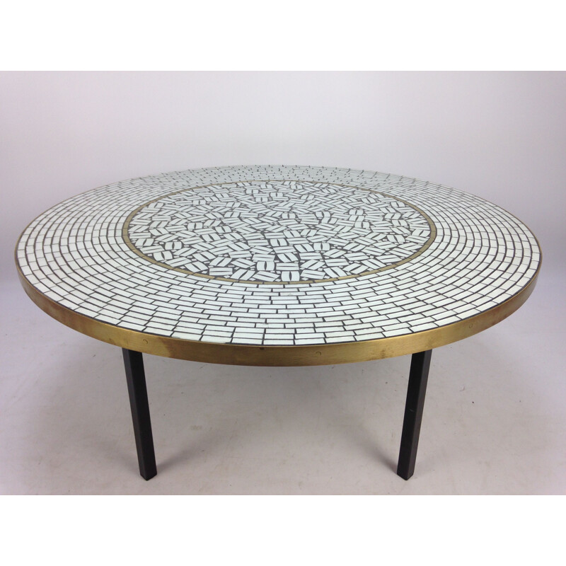 Round vintage coffee table in mosaic with glass pieces by Berthold Muller, German 1950