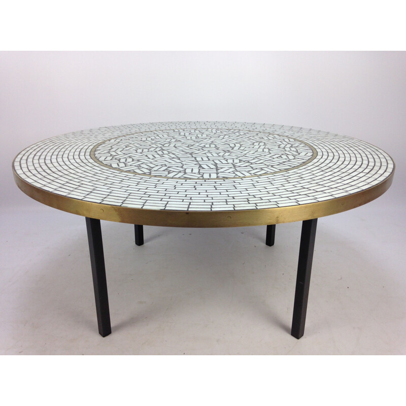 Round vintage coffee table in mosaic with glass pieces by Berthold Muller, German 1950