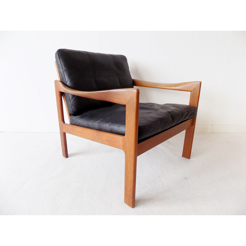 Vintage Teak chair in black leather N.Eilersen by Illum Wikkelso Danish  1960