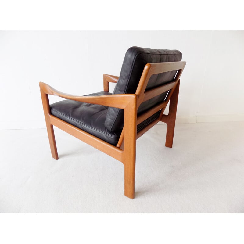 Chaise vintage en teck et cuir noir N.Eilersen par Illum Wikkelso Danish 1960