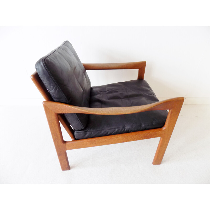 Vintage Teak chair in black leather N.Eilersen by Illum Wikkelso Danish  1960