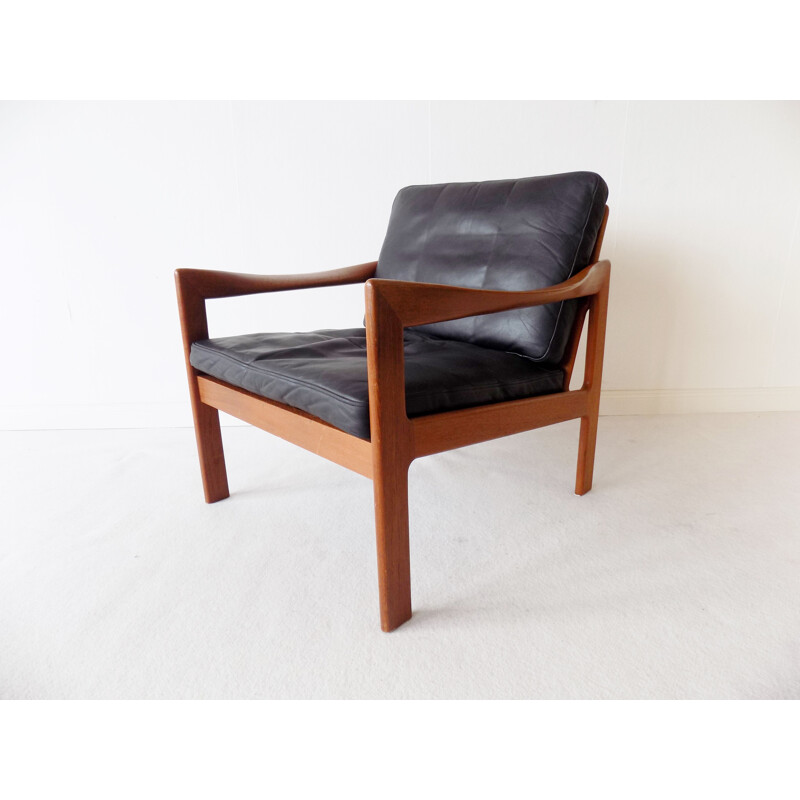 Vintage Teak chair in black leather N.Eilersen by Illum Wikkelso Danish  1960
