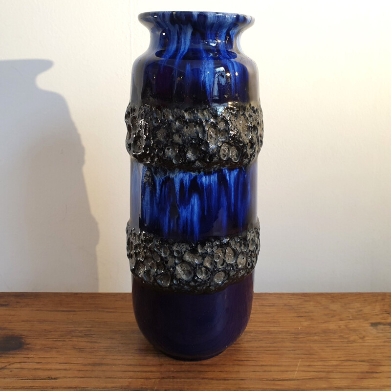 Vintage Vase Blue Fat Lava West German 1960