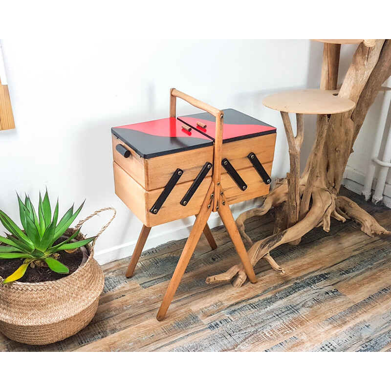 Vintage wood and red and black veneer worker 1970