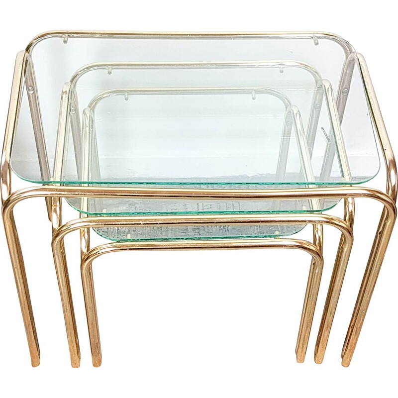 Set of 3 Vintage Art Deco style glass and brass nesting tables