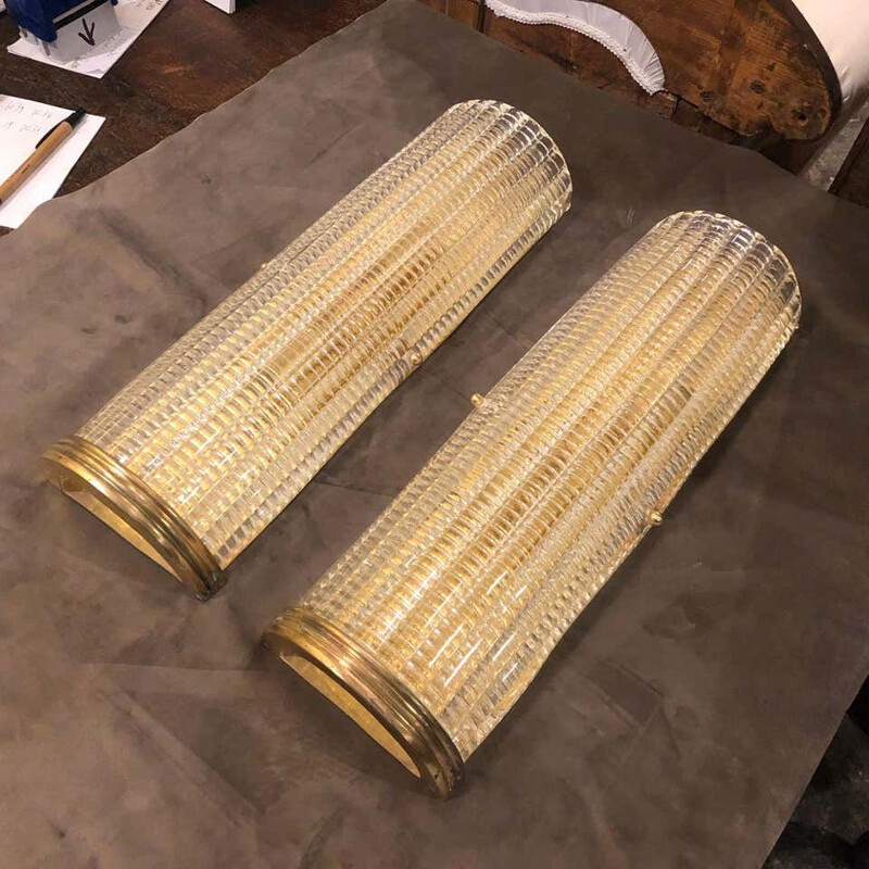 Pair of vintage Brass and Glass Wall Sconces 1970