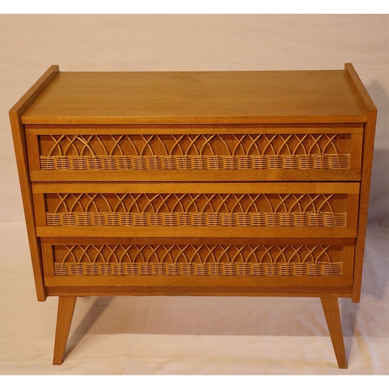 Vintage wooden and rattan chest of drawers 1960