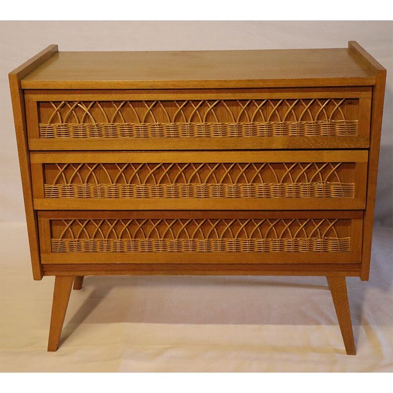 Vintage wooden and rattan chest of drawers 1960