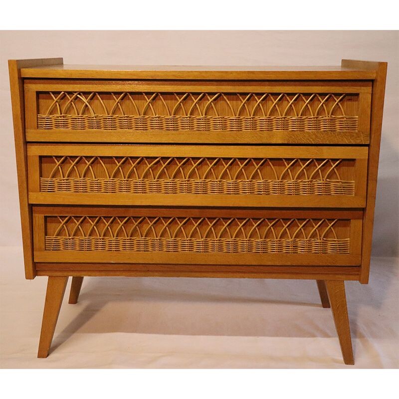 Vintage wooden and rattan chest of drawers 1960