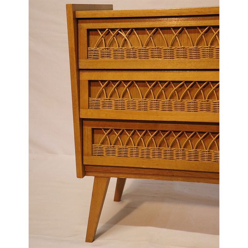 Vintage wooden and rattan chest of drawers 1960