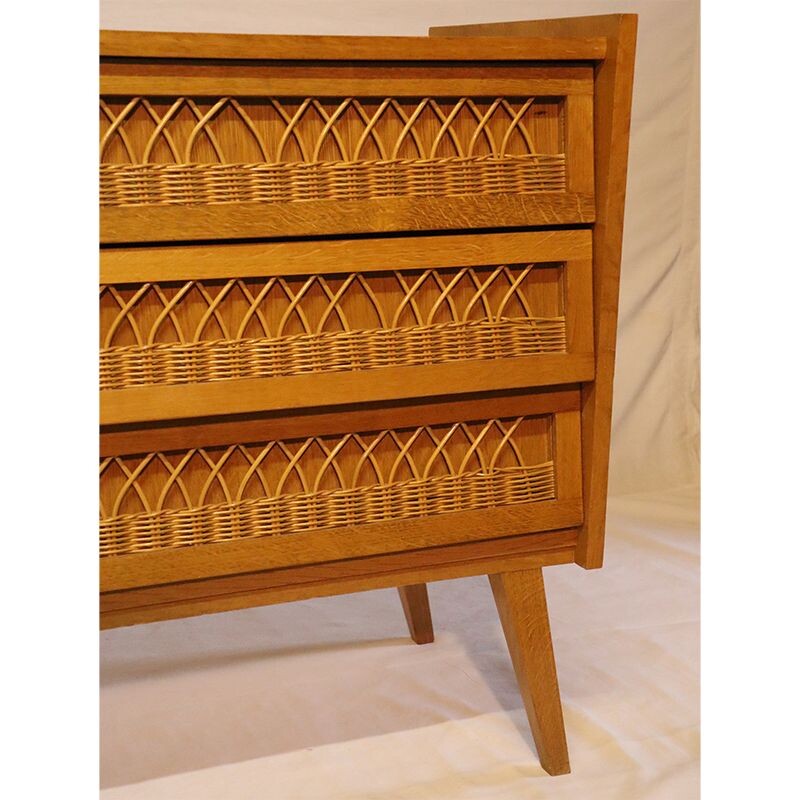 Vintage wooden and rattan chest of drawers 1960