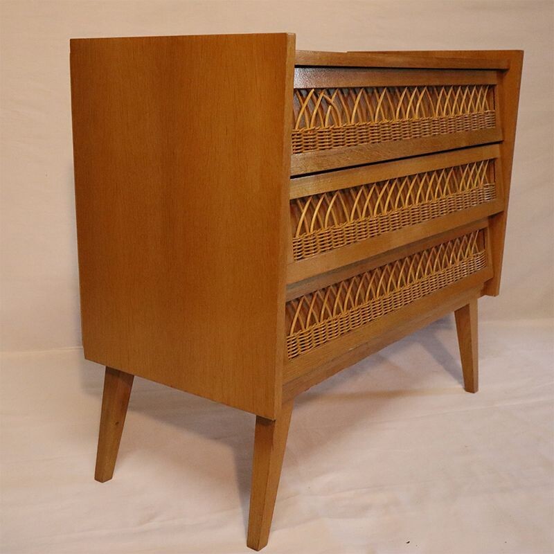 Vintage wooden and rattan chest of drawers 1960