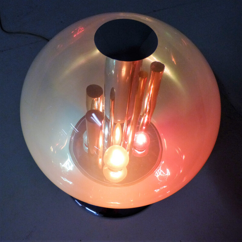 Selenova glass, chromed metal and copper lamp - 1970s