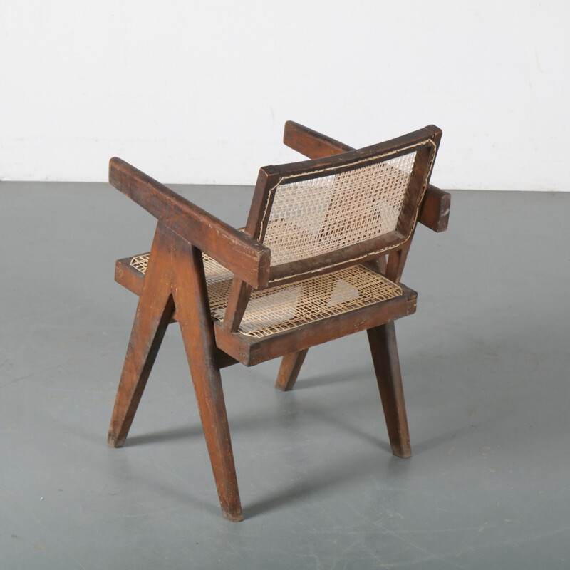 Fauteuil de bureau vintage en canne pour Chandigarh Pierre Jeanneret Inde 1950