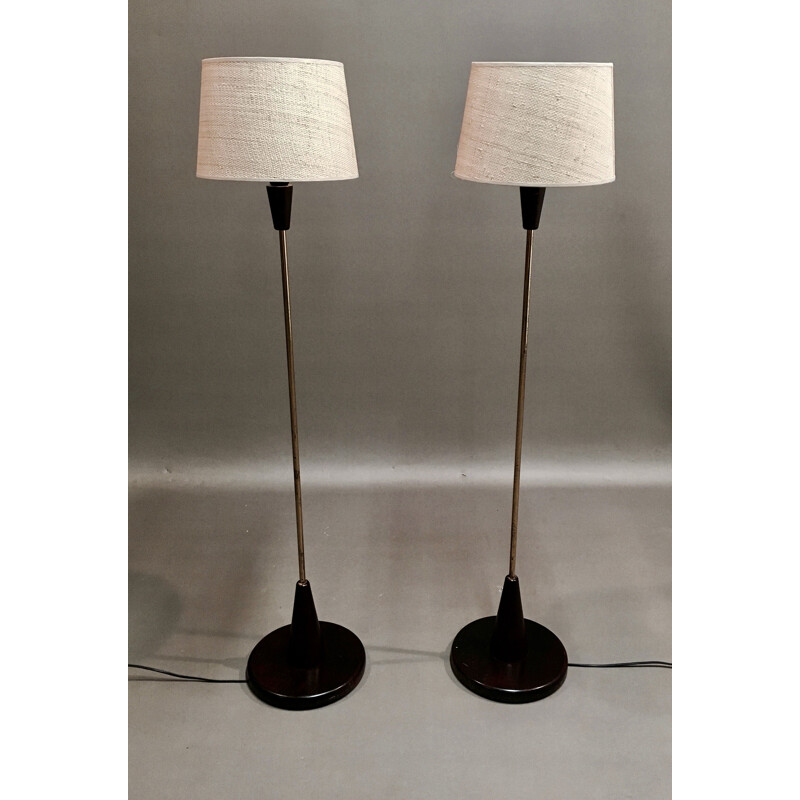 Paire de lampadaires vintage Noyer  Laiton  Bakélite  Osier 1950
