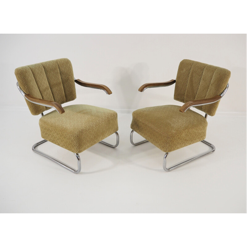 Pair of Vintage Chrome Bauhaus Robert Slezak Armchairs for Hynek Gottwald 1930