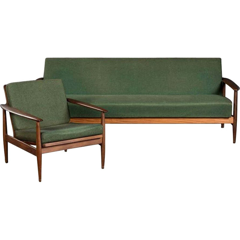 Canapé et fauteuil vintage en teck et tissu vert 1960