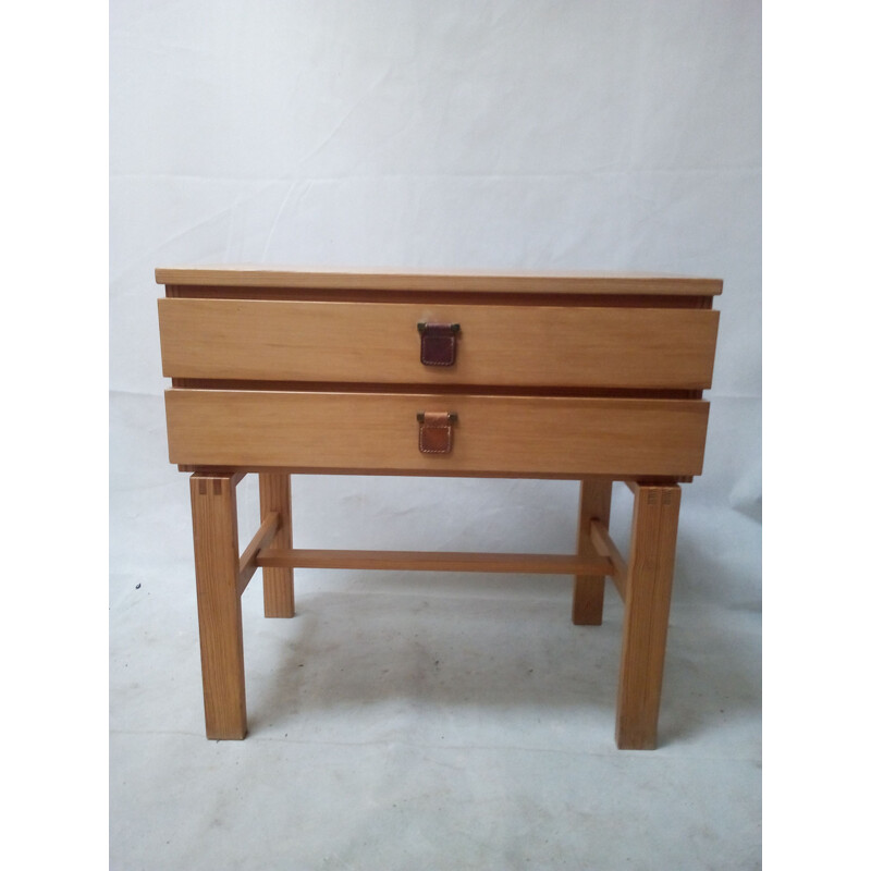 Vintage small swedish chest of drawers in pine with leather handle  1970