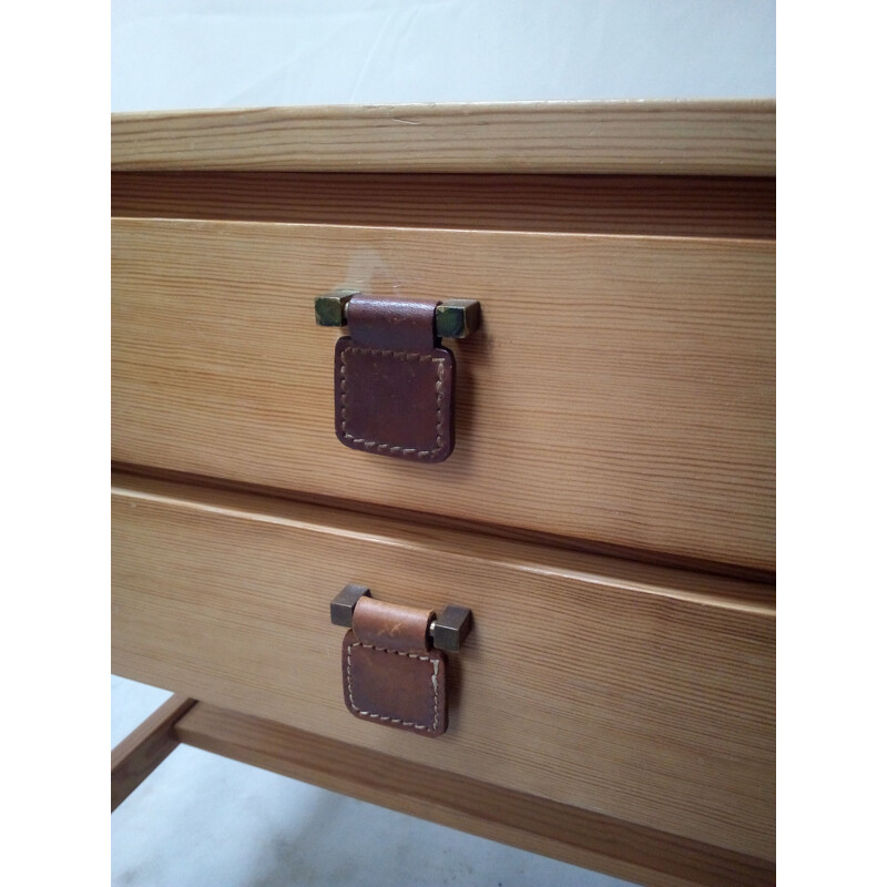 Vintage small swedish chest of drawers in pine with leather handle  1970