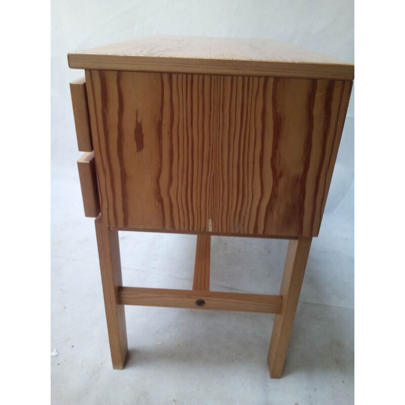 Vintage small swedish chest of drawers in pine with leather handle  1970