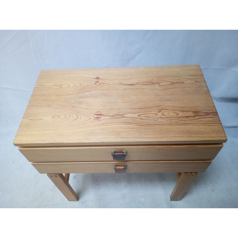 Vintage small swedish chest of drawers in pine with leather handle  1970