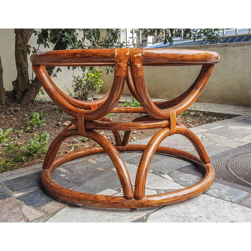 Vintage round natural bamboo coffee table 1950