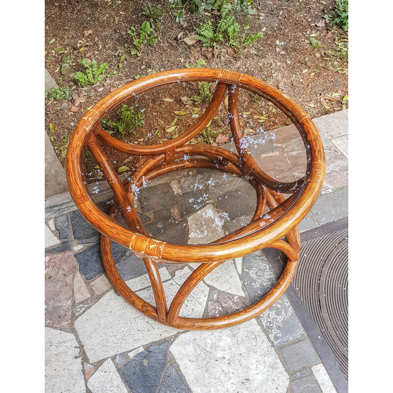 Vintage round natural bamboo coffee table 1950