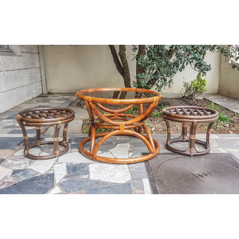 Vintage round natural bamboo coffee table 1950