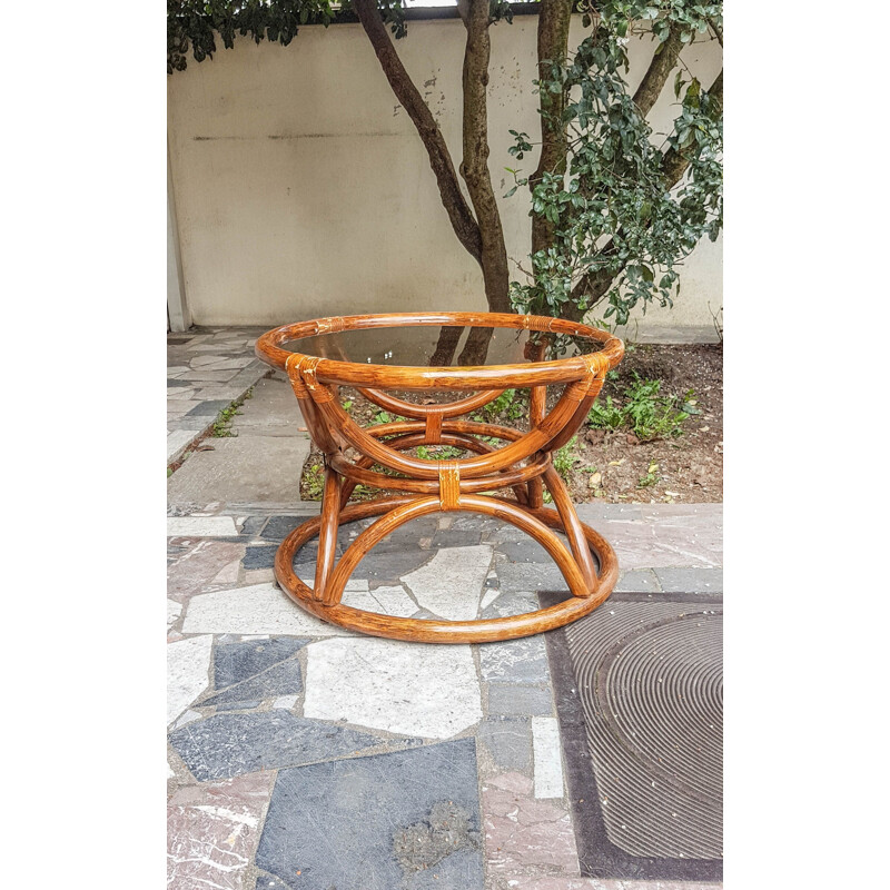 Vintage round natural bamboo coffee table 1950