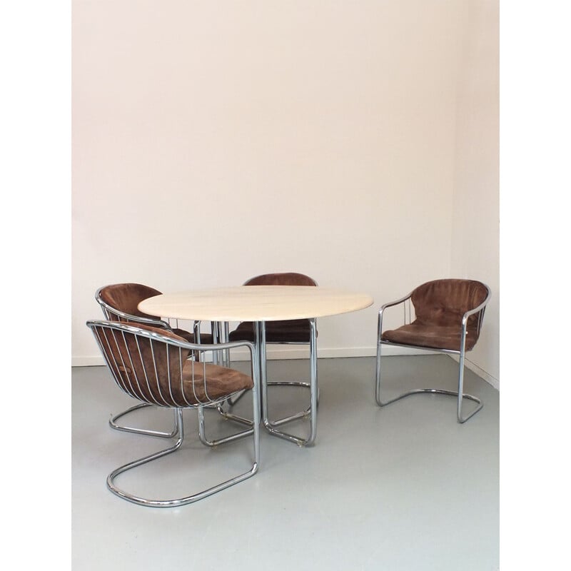 Vintage dining table and 4 wire chairs with sand colored cushions Gastone Rinaldi suede